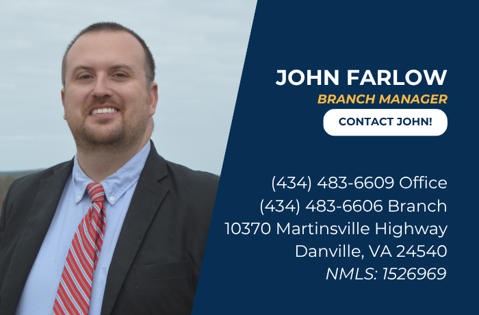 John Farlow’s photo with title, contact info, address, and NMLS ID on blue background.