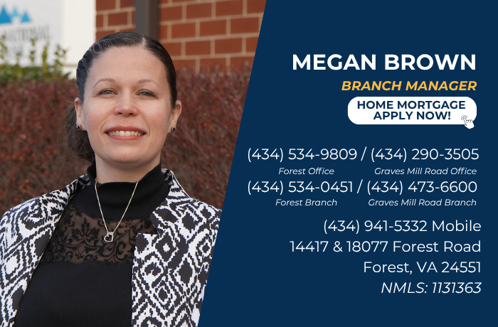 Contact card for Megan Brown, Branch Manager, including phone numbers and branch address.