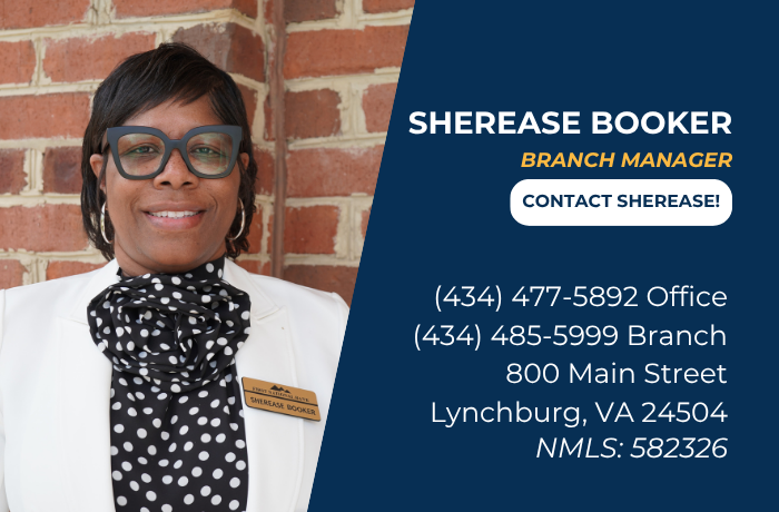 Sherease Booker’s photo with title, contact info, address, and NMLS ID on a blue background.
