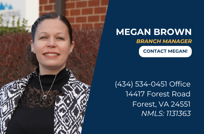 Megan Brown, Branch Manager, with contact details on a blue panel beside a blurred outdoor background.