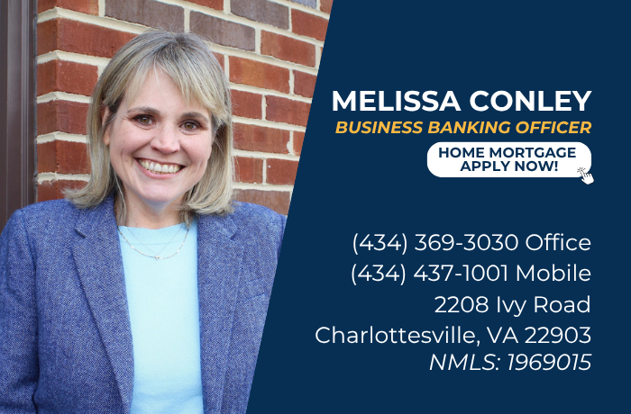 Contact card for Melissa Conley, Business Banking Officer, including phone numbers and office address.