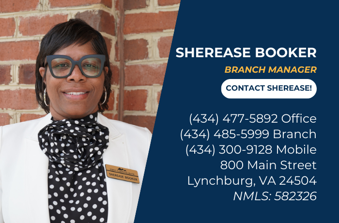Sherease Booker’s photo with title, contact info, address, and NMLS ID on a blue background.