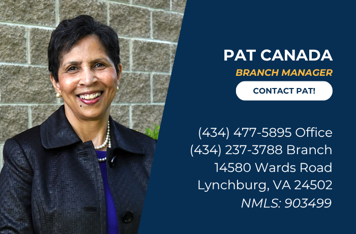 Pat Canada’s photo with title, contact info, address, and NMLS ID on a blue background.