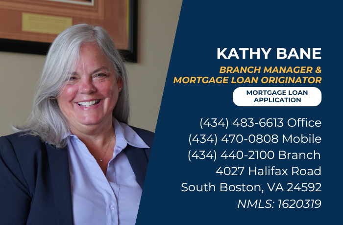 Kathy Bane’s photo with title, contact numbers, address, and NMLS ID for mortgage services.