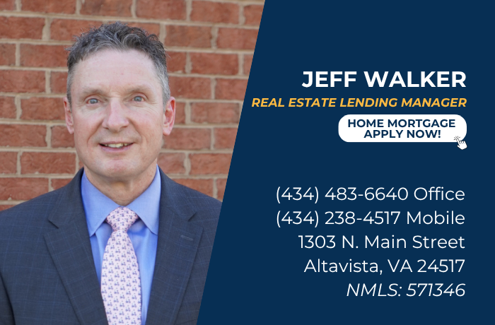 Contact card for Jeff Walker, Real Estate Lending Manager, including phone numbers and office address.