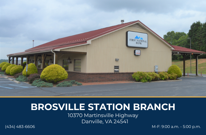 Contact card for First National Bank's Brosville Station Branch.