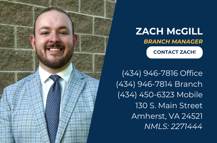 Zach McGill’s photo with title, contact info, address, and NMLS ID on a blue background.