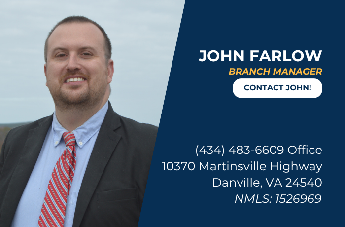 John Farlow, Branch Manager, with contact info on blue panel beside outdoor background.