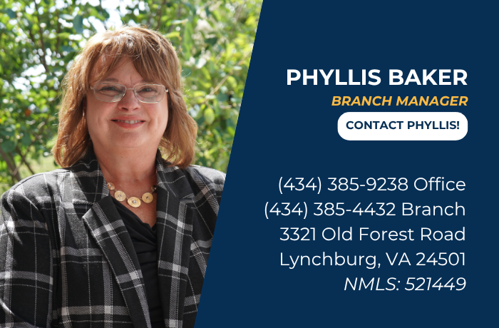 Phyllis Baker’s photo with title, contact info, address, and NMLS ID on blue background.