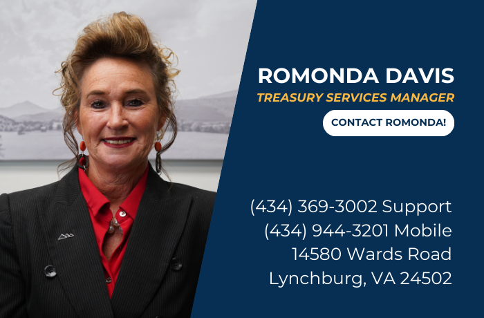 Contact card for Romonda Davis, Treasury Services Manager.
