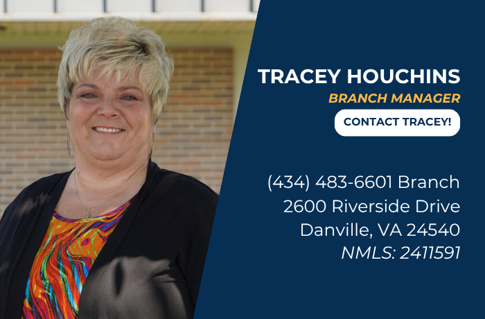 Contact card for Tracey Houchins, Branch Manager of the Riverside Branch of First National Bank.