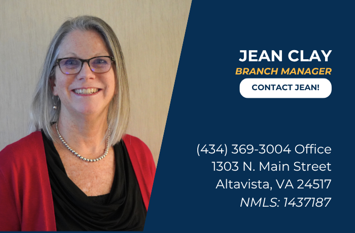 Jean Clay, Branch Manager, with contact info on blue panel beside photo with a grey background.