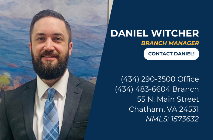 Daniel Witcher’s photo with title, contact info, address, and NMLS ID on blue background.
