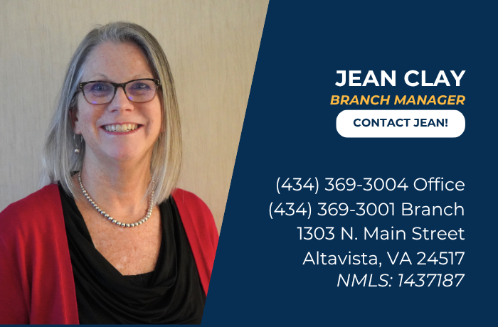 Jean Clay’s photo with title, contact info, address, and NMLS ID on blue background.