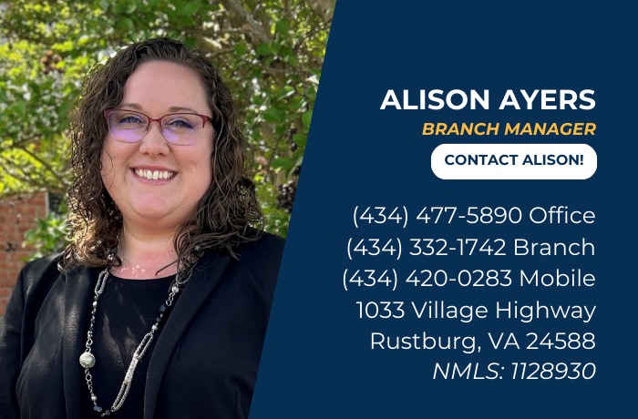 Alison Ayers' photo with title, contact info, address, and NMLS ID on a blue background.
