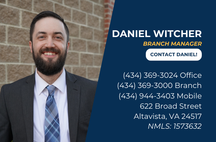 Daniel Witcher’s photo with title, contact info, address, and NMLS ID on a blue background.