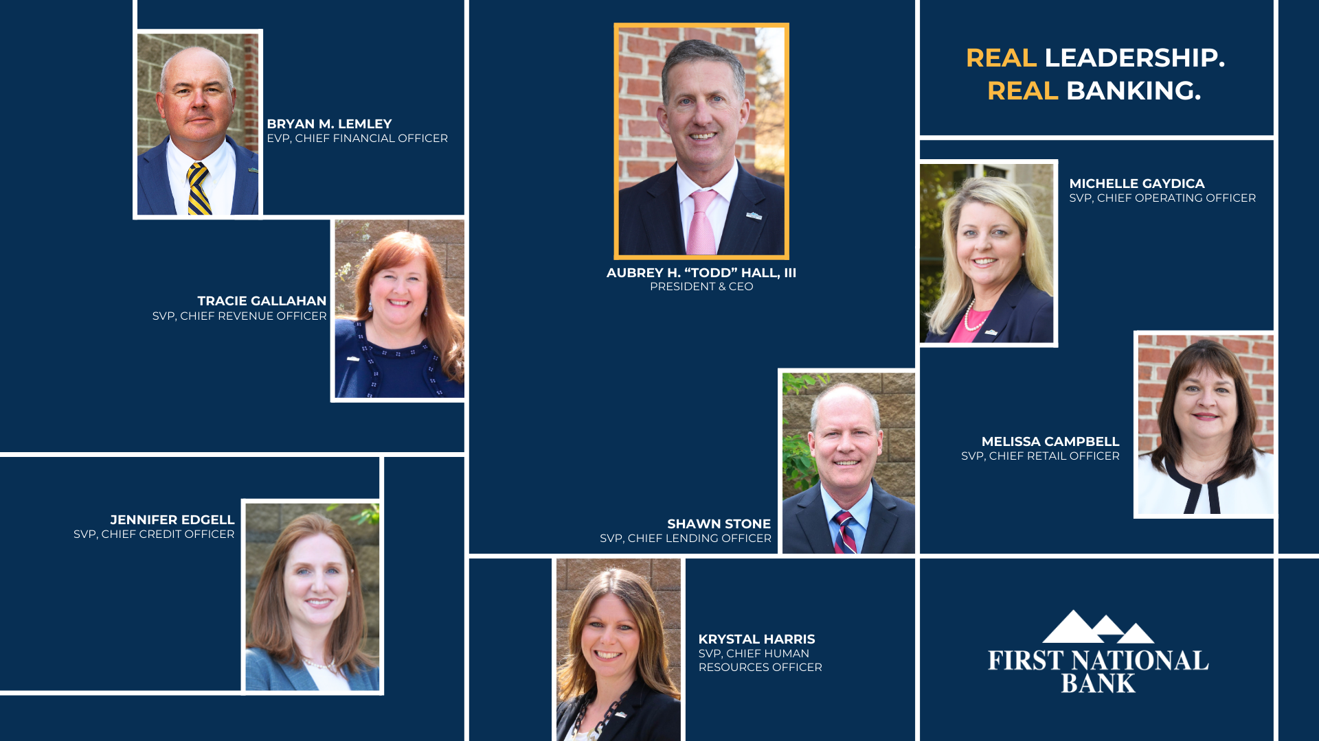 A graphic of First National Bank's Leadership Team.