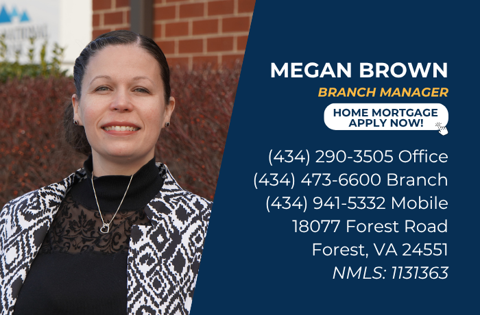 Contact card for Megan Brown, Branch Manager, including phone numbers and branch address.