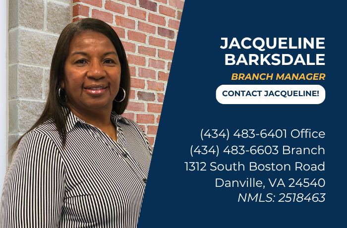Jacqueline Barksdale’s photo with title, contact info, address, and NMLS ID on blue background.
