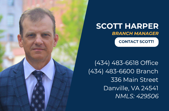 Scott Harper’s photo with title, contact info, address, and NMLS ID on blue background.