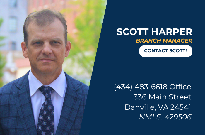 Scott Harper, Branch Manager, with contact info on blue panel beside outdoor background.