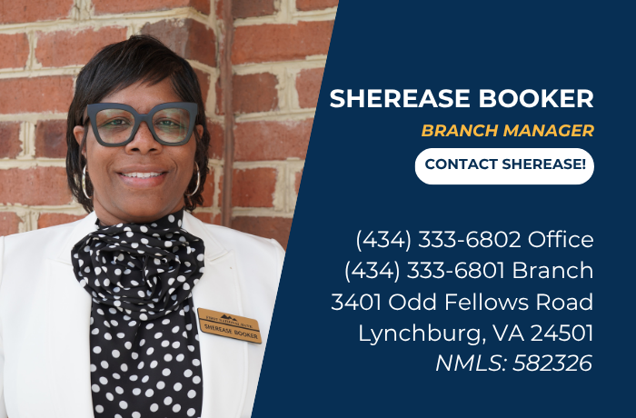 Sherease Booker’s photo with title, contact info, address, and NMLS ID on a blue background.