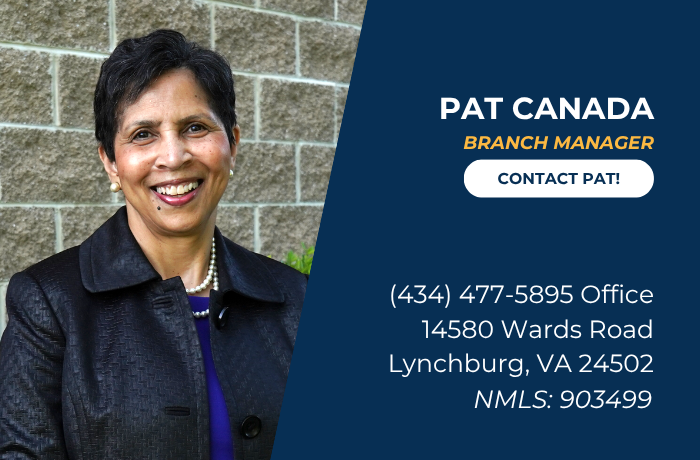 Pat Canada, Branch Manager, with contact info on blue panel beside brick wall background.