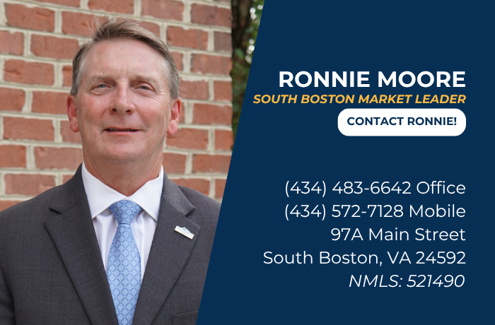 Ronnie Moore's photo with title, contact info, address, and NMLS ID on a blue background.