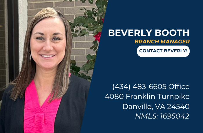Beverly Booth, Branch Manager, with contact info on blue panel beside brick wall and greenery.