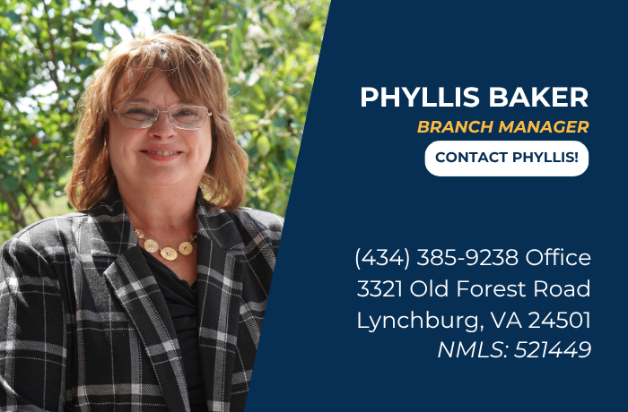 Phyllis Baker, Branch Manager, with contact info on blue panel beside greenery background.