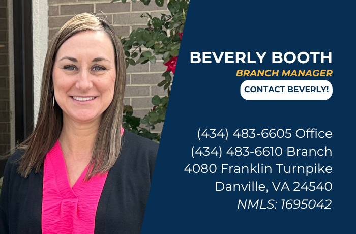 Beverly Booth’s photo with title, contact info, address, and NMLS ID on blue background