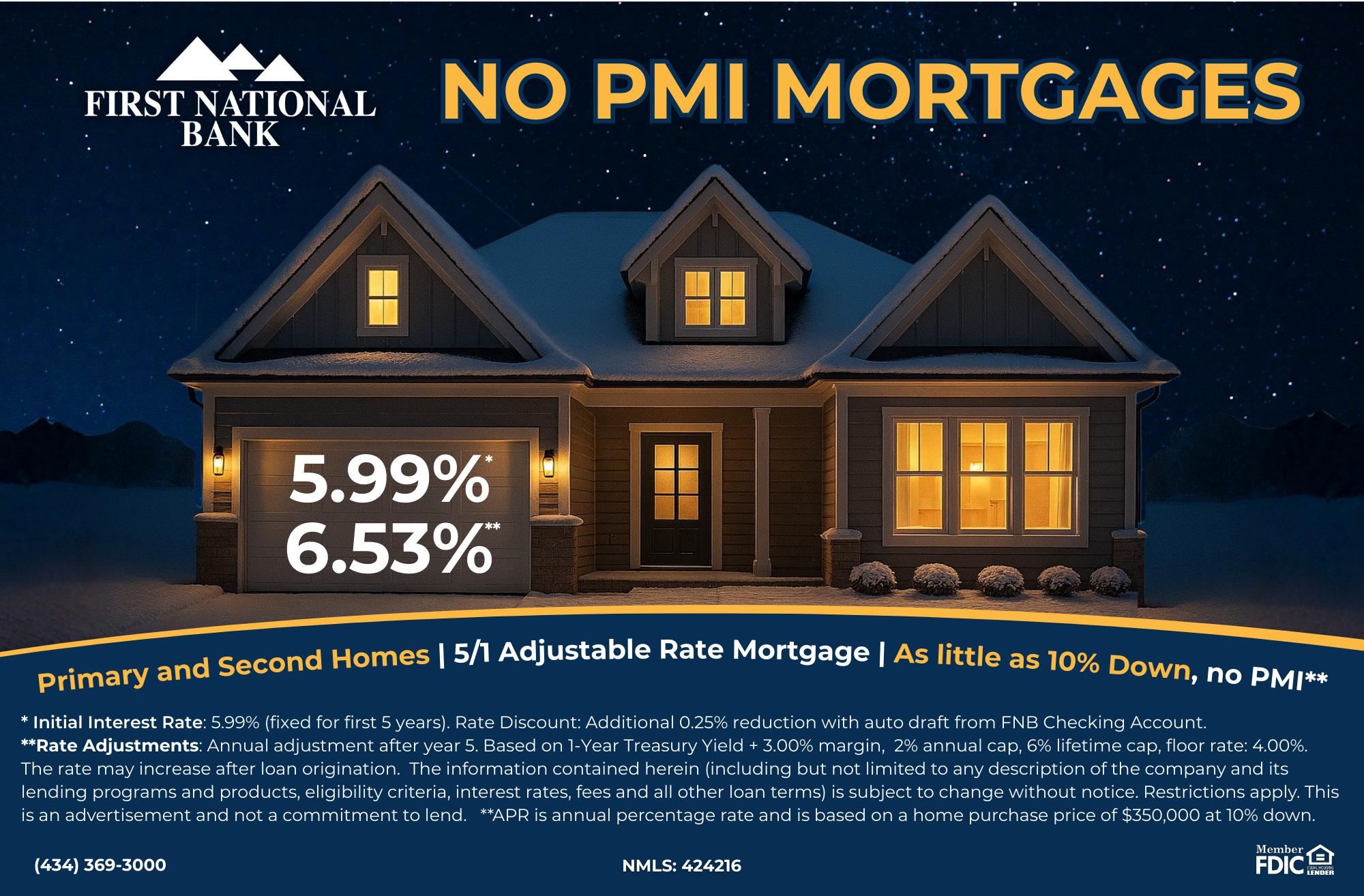 House at night promoting First National Bank no PMI mortgages with rates 5.99% and 6.53% APR.