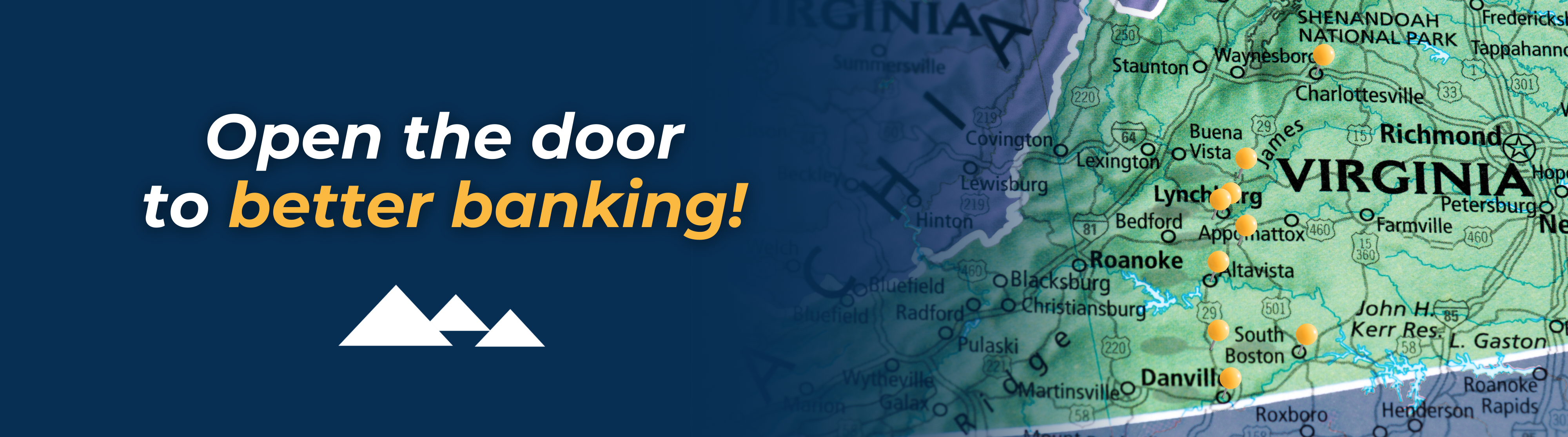 A graphic that reads "open the door to better banking" above the First National Bank logo. On the right, a map of Virginia is displayed with yellow pins denoting towns that have FNB locations