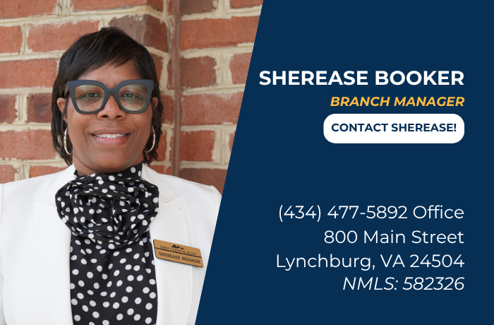 Sherease Booker, Branch Manager, with contact info on blue panel beside brick wall background.