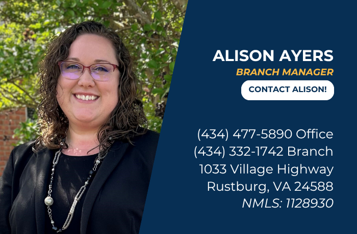 Alison Ayers’ photo with title, contact info, address, and NMLS ID on blue background.