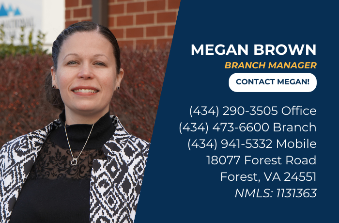 Megan Brown’s photo with title, contact info, address, and NMLS ID on a blue background.
