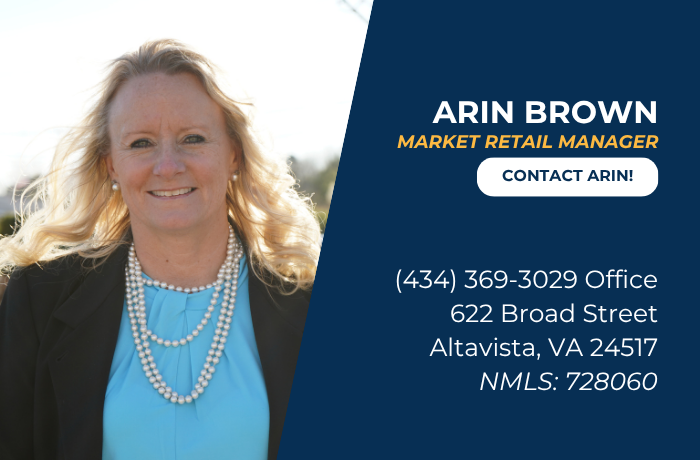 Arin Brown, Market Retail Manager, with contact info on blue panel beside outdoor photo.