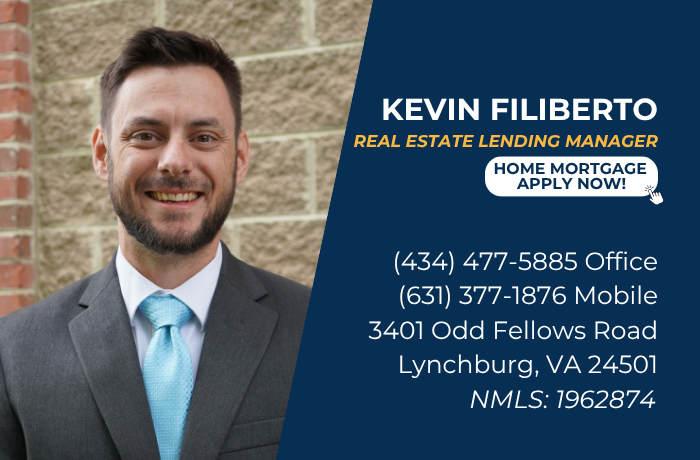 Contact card for Kevin Filiberto, Real Estate Lending Manager, including phone numbers and office address.