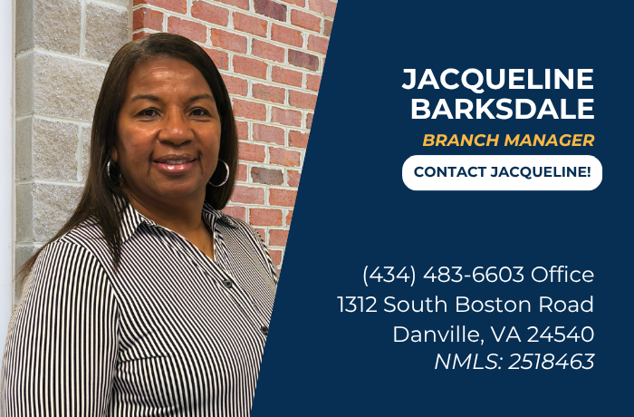 Jacqueline Barksdale, Branch Manager, with contact info on blue panel beside brick wall.