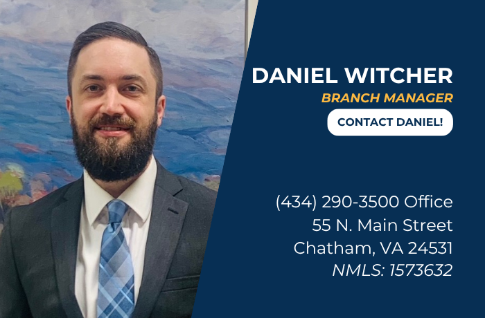 Daniel Witcher, Branch Manager, with contact info on blue panel beside abstract background.